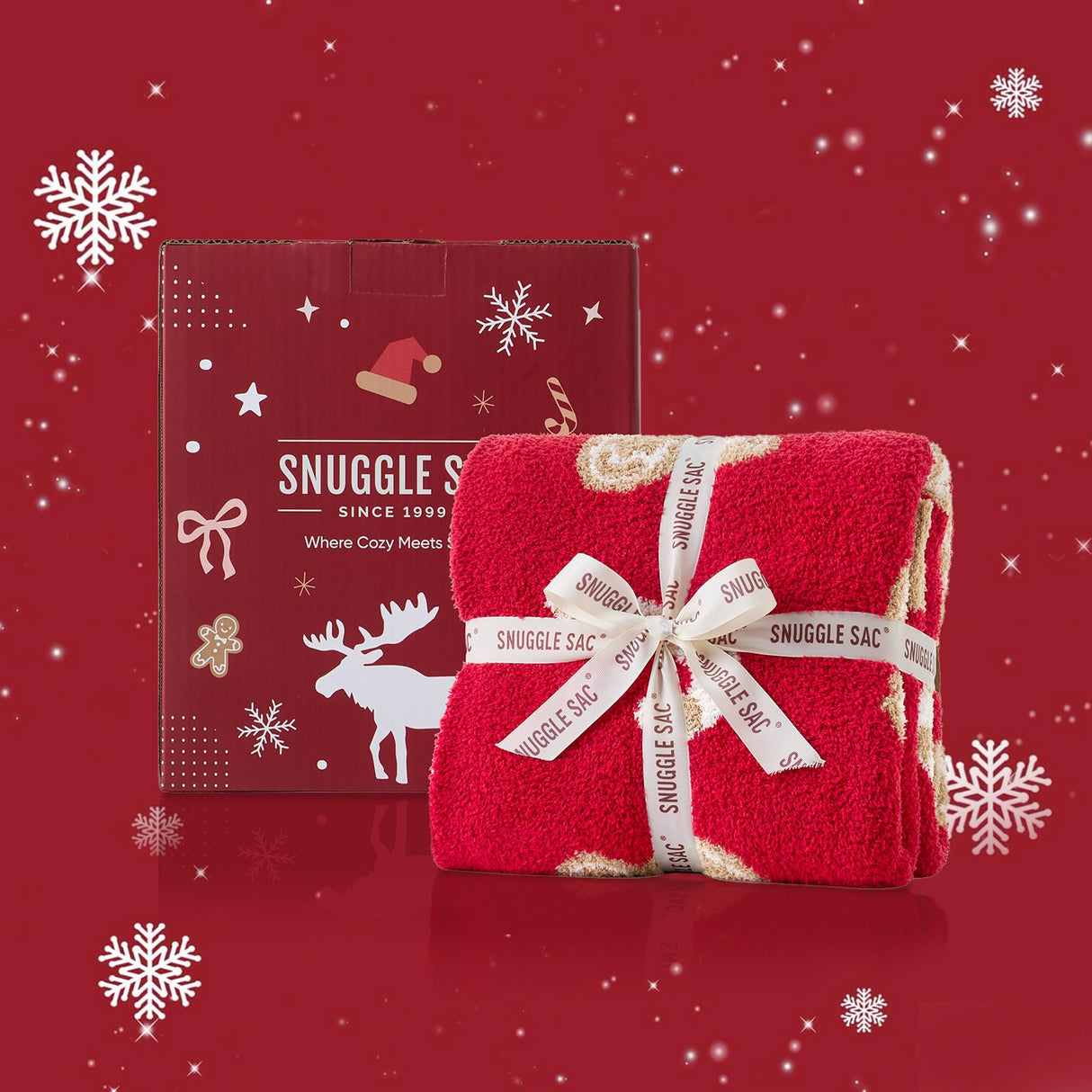 Snuggle Sac Christmas Gingerbread Man Throw Blanket Red Candy Cane Blanket 50x60 inches, Ultra Soft Reversible Cozy Throw Blanket for Couch, Sofa and Bed for Xmas