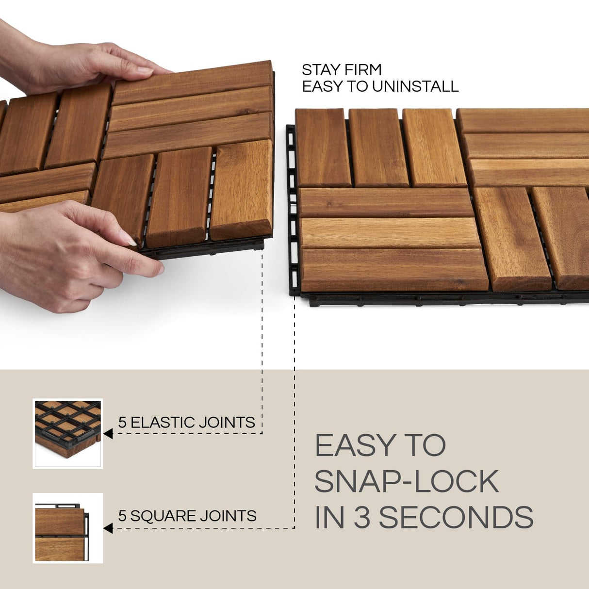 THYOI Premium Deck Tiles, Patio Flooring - Set 10 Pcs 12βx12βx0.9β Interlocking Deck Tiles, Waterproof Acacia Wood for Balcony, Backyard, Indoor & Outdoor (Golden Teak, Crossed Pattern, Square Joints)