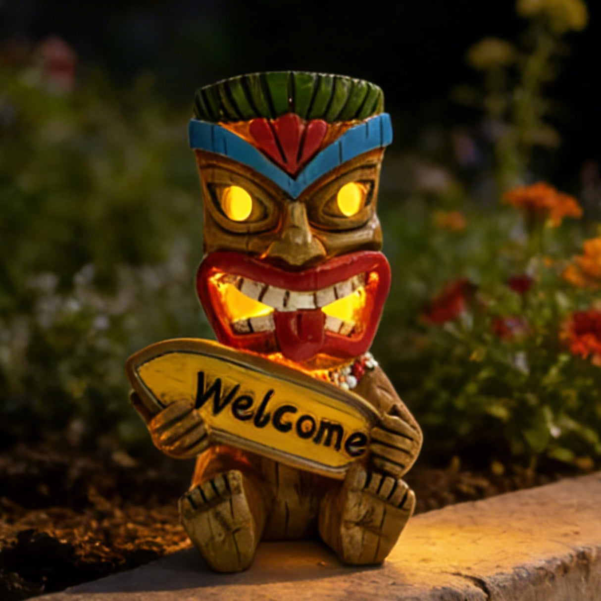 Suyorpe Miniature Tiki Garden Statue Solar Outdoor Decorations - Tiki Bar Welcome Sign Lights for Patio Yard Lawn Ornaments Gifts for Birthday Housewarming Summer 3.2''(W) x 3.4''(D) x 5.9''(H)
