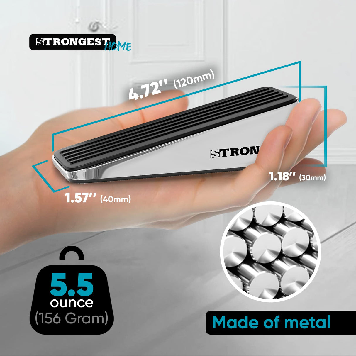 Strongest Home Door Stopper, Set of 4 Heavy Duty Door Stop Wedge Made of Premium Quality Zinc and Rubber Suits Any Door, Any Floor. Plus 2 Self Adhesive Wall Protectors (Black Silver)