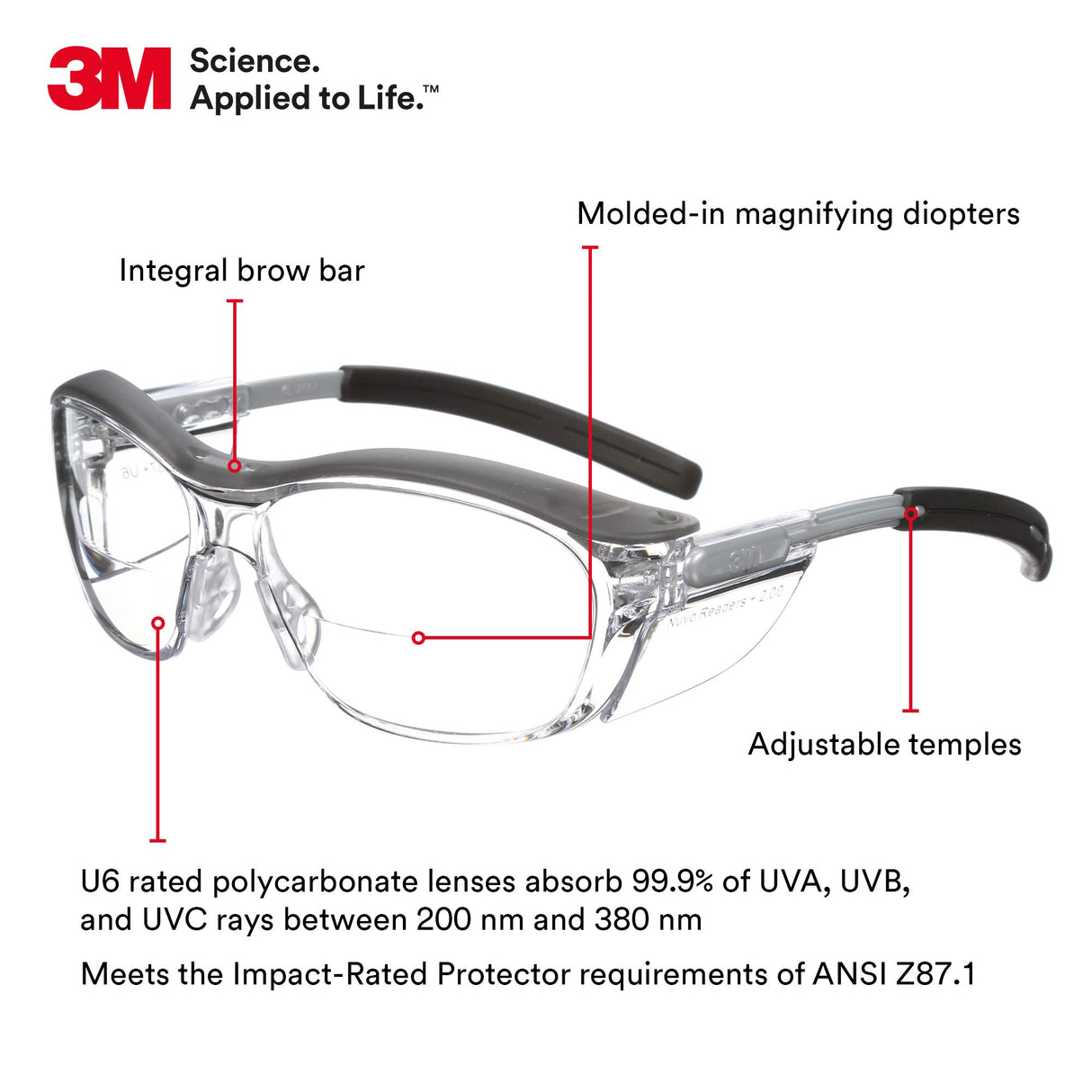 3M Safety Glasses with Readers, Nuvo Readers, +2.0 Diopter, Pack of 1, ANSI Z87, Clear Lens, Gray Frame, Soft Nose Bridge, Side Shields