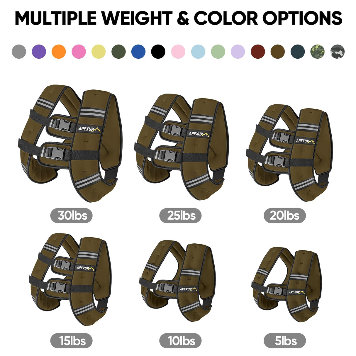 APEXUP Weighted Vest with 5lbs/10lbs/15lbs/20lbs/25lbs/30lbs Weights and Reflective Stripe, Weight Vest Men Women for Workout, Strength Training, Running (Khaki, 15lbs)