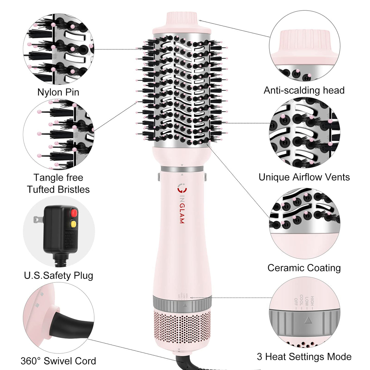 IG INGLAM 4 in 1 Blowout Hair Dryer Brush Set - Negative Ion Detachable Hair Dryer, Volumizer Styler with 2 Brush Heads, Pink