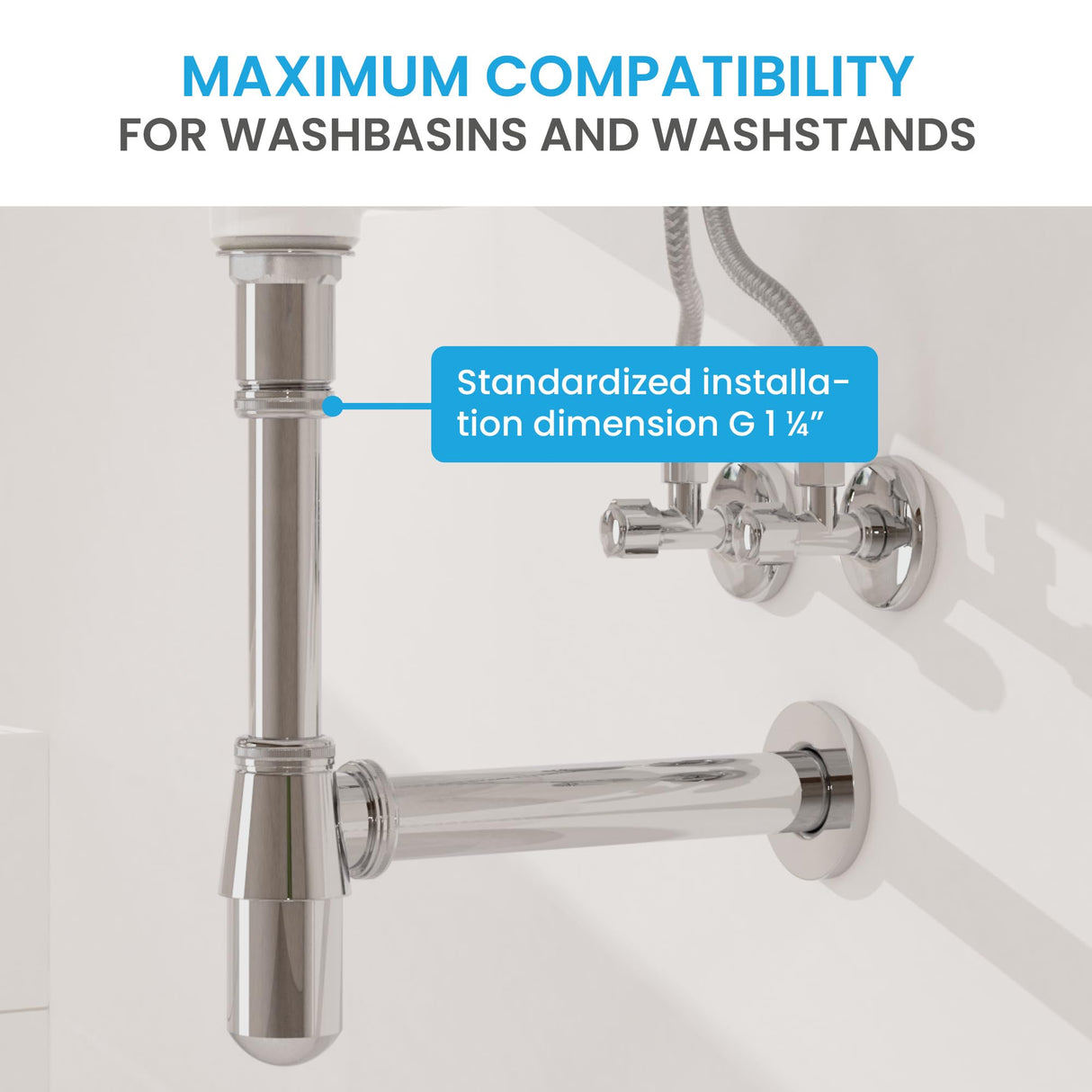 Bächlein Cup Siphon Universal for Washbasin & Washstand, Odour Trap with Cleaning Opening + Installation Instructions - Drain Fitting Precisely - Design Siphon Drain Fitting Bottle Siphon