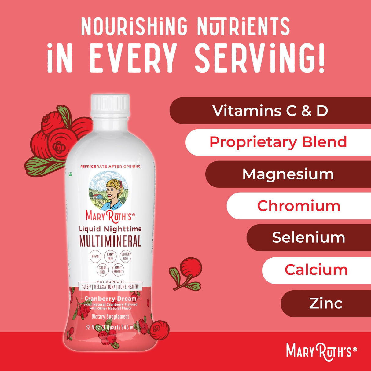 MaryRuth Organics Liquid Nighttime Multimineral | No Melatonin | Bedtime Routine | Magnesium Citrate | Calcium | Zinc | Vitamin D3| Available in 4 Flavors | Vegan | Sugar Free | Gluten Free | 32 Oz