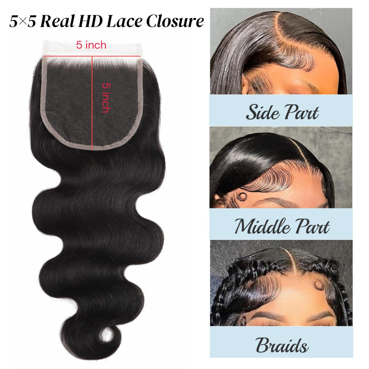 5x5 SKINLIKE 100% Real HD Lace Closure Body Wave Human Hair Closure 0.095mm Ultra-thin Invisible Swiss HD Lace Closure Pre Plucked Small Single Knots Brazilian Virgin Human Hair HD Closure 16inch
