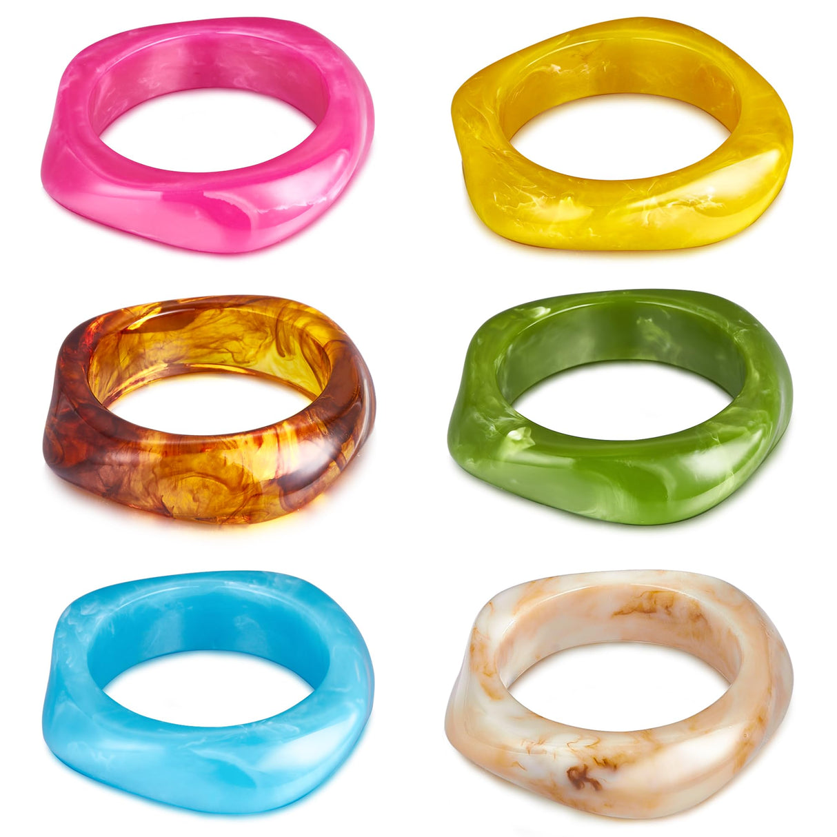 MEDOJO 6 Pcs Colorful Square Acrylic Resin Bangle Bracelet Wide Geometric Irregular Geometric Wristbands Cuff Bangle Bracelet for Women
