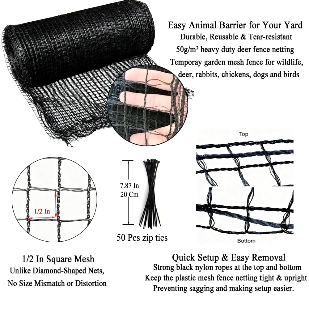 Junkogo Deer Fence Netting for Garden, 5x100 FT Plastic Mesh Fencing Roll