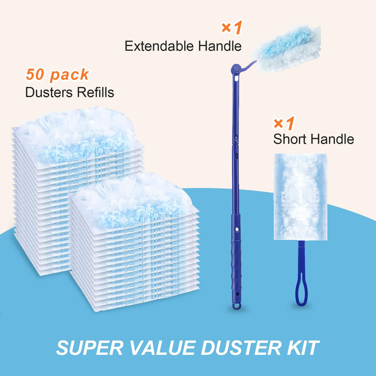 50 Count Duster Refills Kit for Swiffer Duster, One-Sided Electrostatic Duster with 2 Handles, Heavy Duty Dusters Refills Replacement for Cleaning Home, Blinds, Fans, Corners