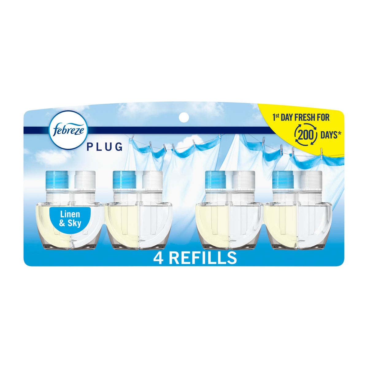 Febreze Plug in Air Freshener, Odor-Fighting Scented Oil Refill, Air Fresheners for Home and Bathroom and Kitchen, Long Lasting for Strong Odors, Linen & Sky Scent, 0.87oz Refills, 4 Count