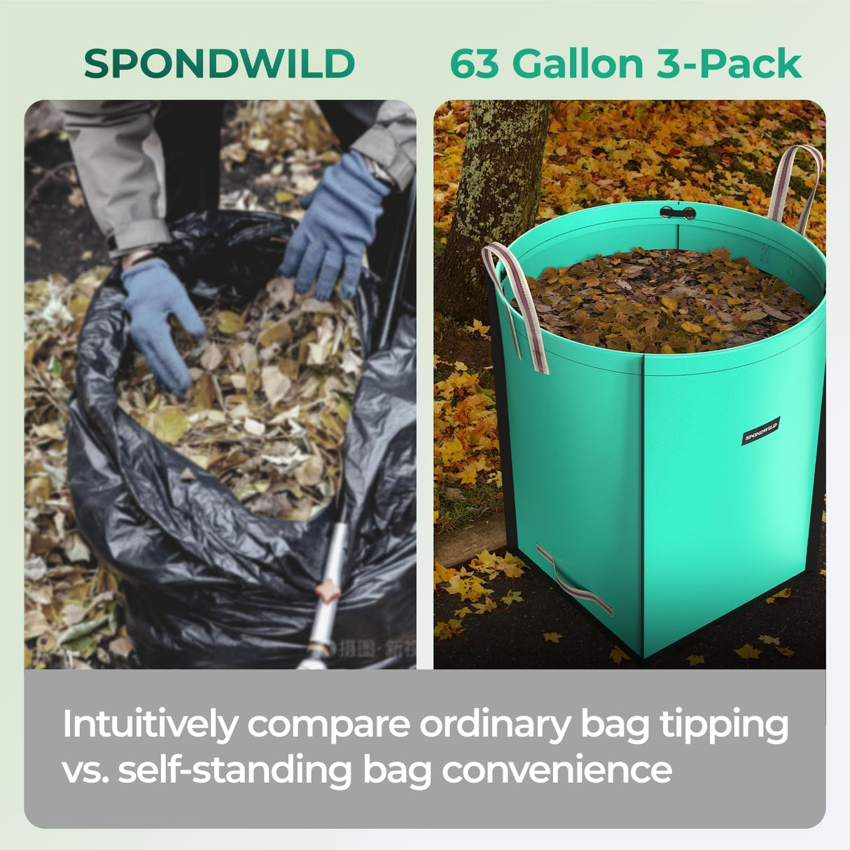SPONDWILD 63 Gallon Reusable Yard Waste Bag - Durable PE Standable Lawn Leaf Bag with 4 Reinforced Handles, Collapsible Portable Garden Container for Leaves, Yard Waste, Garden Debris (Green)