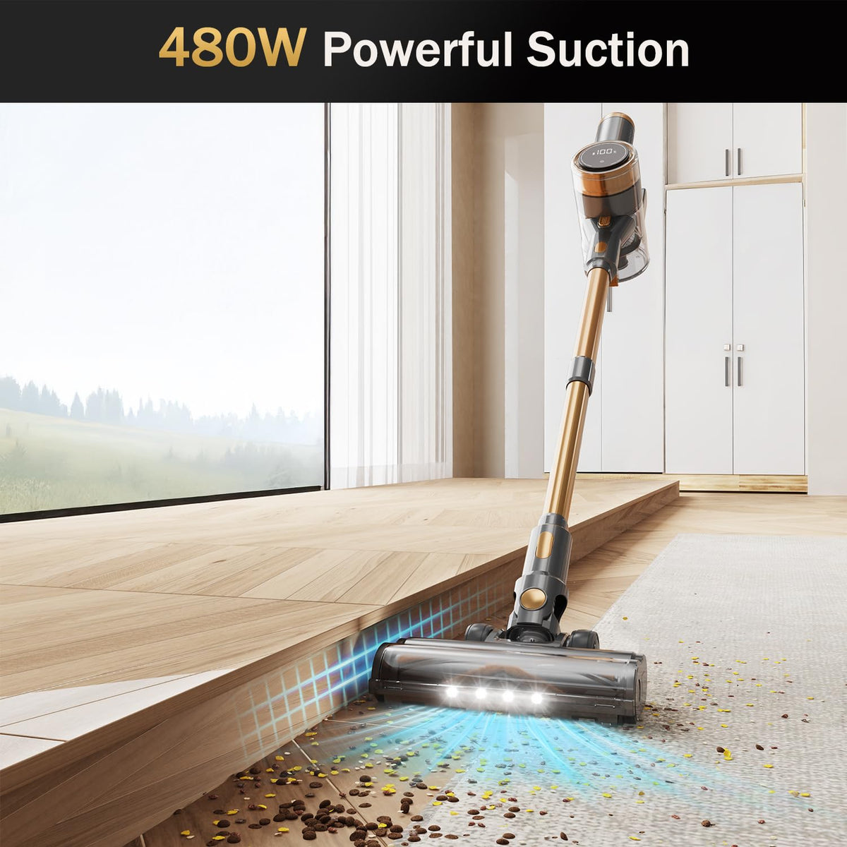 NuYupo Cordless Vacuum Cleaner, 10-in-1 Lightweight Stick Vacuum with 45mins Runtime, Powerful Suction, LED Touch Screen, Rechargeable Vacuum Cleaners for Home Hardwood Floor Carpet Pet Hair (Gold)
