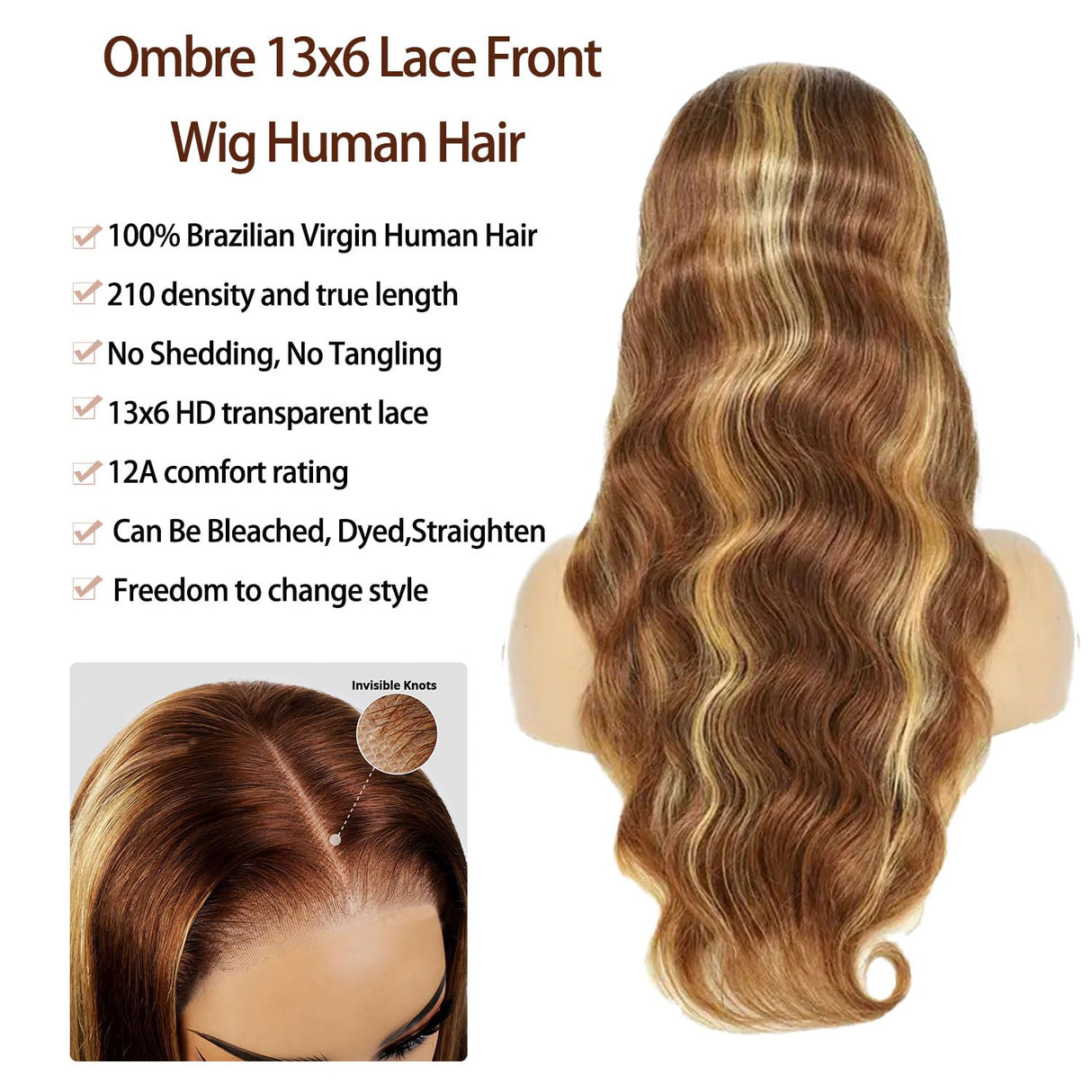 Agairl Real Human Hair Wig 30 Inch Ombre 13x6 Lace Front Wig Human Hair 210% Density 4/27 Highlight Wigs Honey Blonde Body Wave Lace Front Wig Pre Plucked HD Frontal wig Glueless Wigs