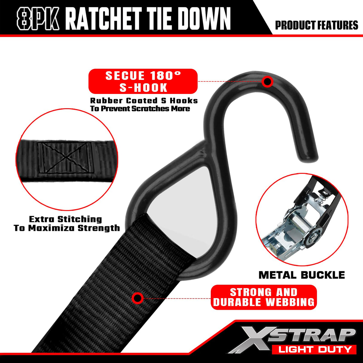 XSTRAP STANDARD Ratchet Tie Down Straps 8PK 1'' x 10 ft - 900 LB Break Strength Cargo Straps for Moving Appliances, Lawn Equipment, Motorcycle (Black)