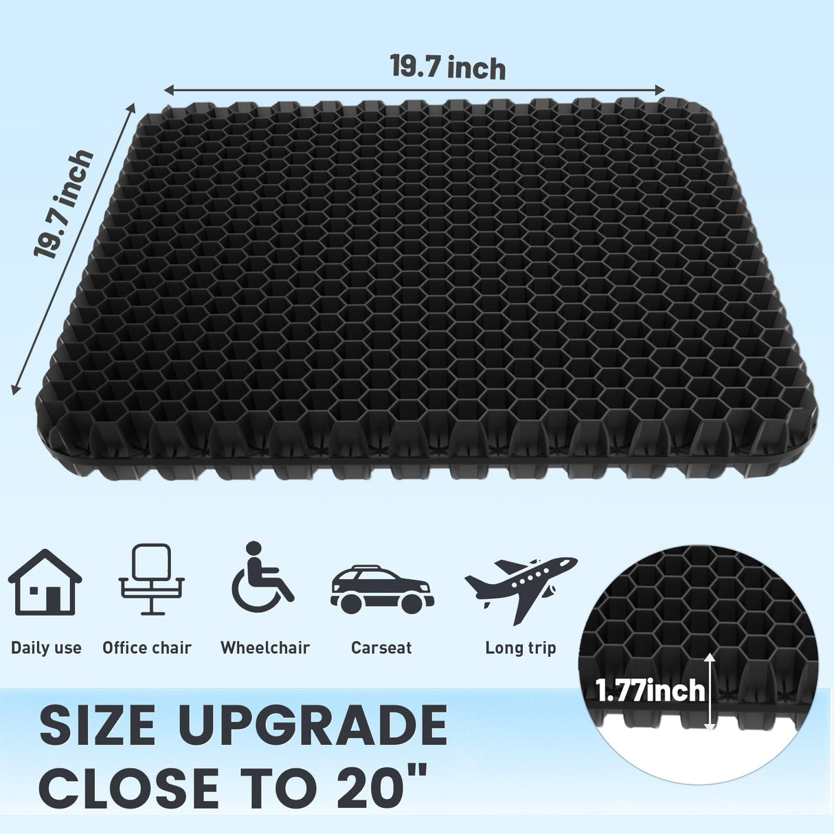 19.7" Gel Seat Cushion, Super Large & Thick Office Chair Cushion for Long Sitting - Back Hip Tailbone Pain Relief Cushion, Egg Seat Cushion Desk Chair Pads for Cars Wheelchair - Fits up to 550 lbs