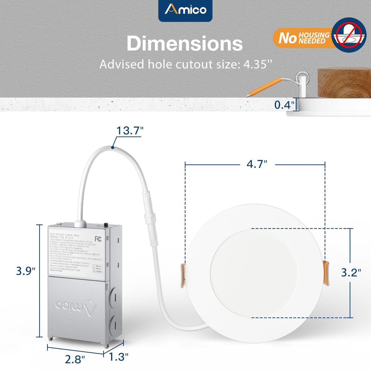 Amico 24 Pack 4 Inch 5CCT Ultra-Thin LED Recessed Ceiling Light with Junction Box, 2700K/3000K/3500K/4000K/5000K Selectable, 10W Eqv 60W, Dimmable Can Light, 800LM High Brightness Downlight - ETL&FCC