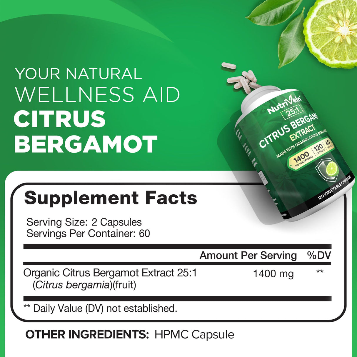 Nutrivein Premium Citrus Bergamot Supplement 1400mg 25:1 Bergamia Extract - 60 Day Supply (120 Capsules): Powerful Italian Citrus Bergamot 1400 mg+ High Concentration - Heart and Circulatory System