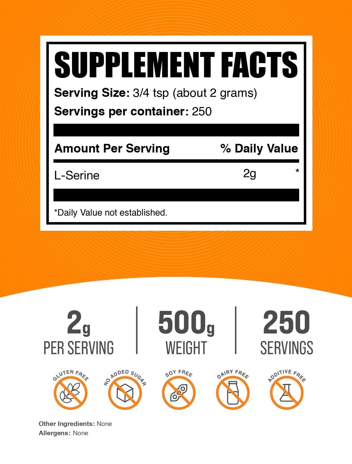 BulkSupplements.com L-Serine Powder - Serine Supplement, Amino Acid Powder - Unflavored & Gluten Free, 2g per Serving, 500g (1.1 lbs) (Pack of 1)