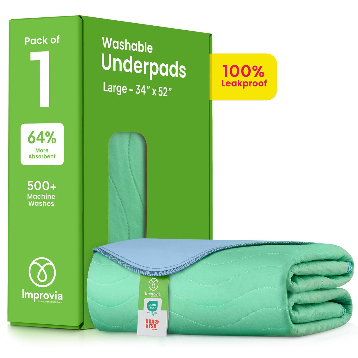 IMPROVIA® Washable Underpads, 34" x 52" (1 Pack) - Heavy Absorbency Reusable Incontinence Pads for Kids, Adults, Elderly, and Pets - Waterproof Protective Pad for Bed, Couch, Sofa, Furniture, Floor