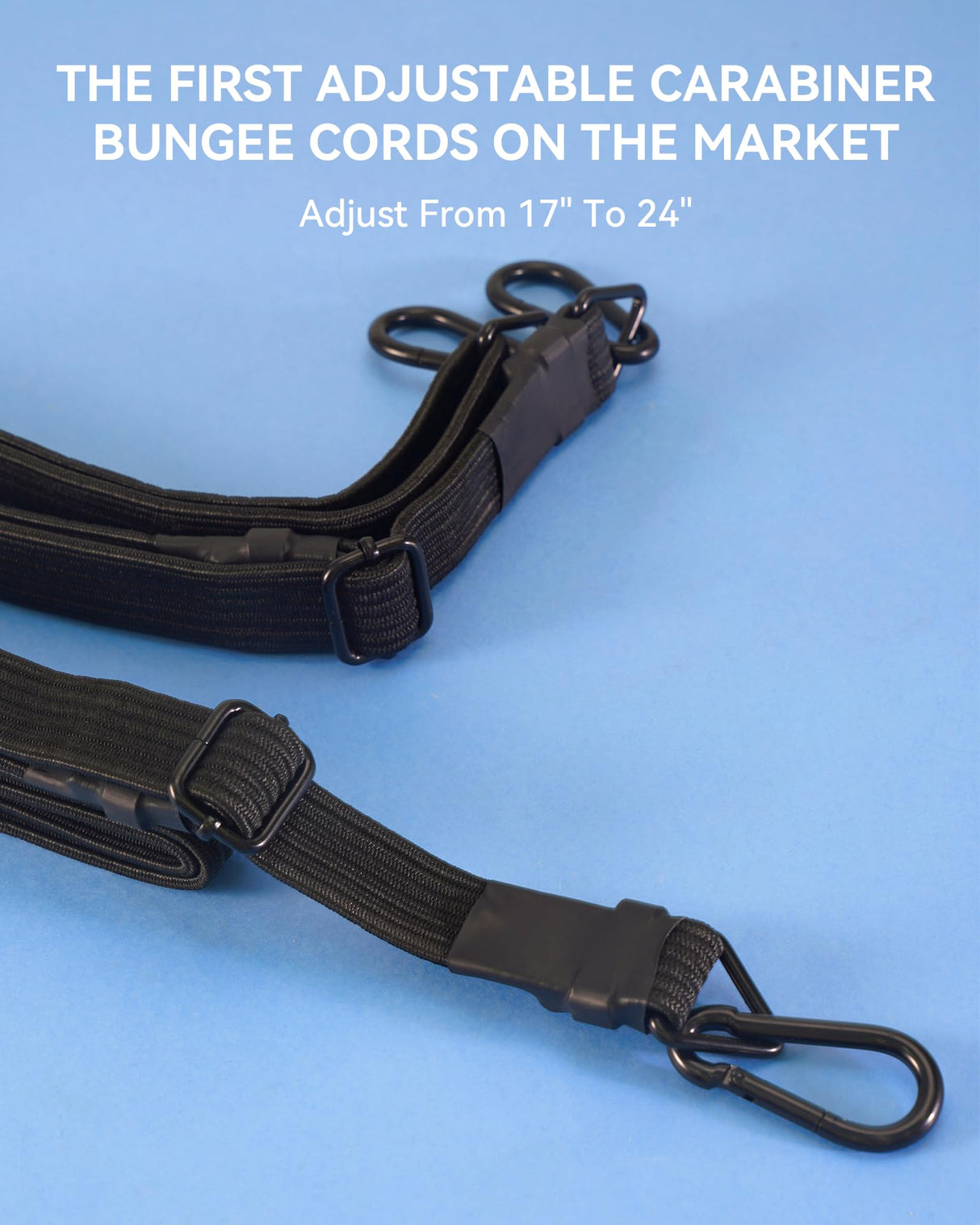 24 Inch Adjustable Carabiner Bungee Cords with 190 Lbs Max Break Strength - Adjust from 17" to 24" - Heavy Duty Flat Carabiner Bungee Straps with Upgraded Hooks for Tents, Cargo, Luggage, etc (4 Pcs)