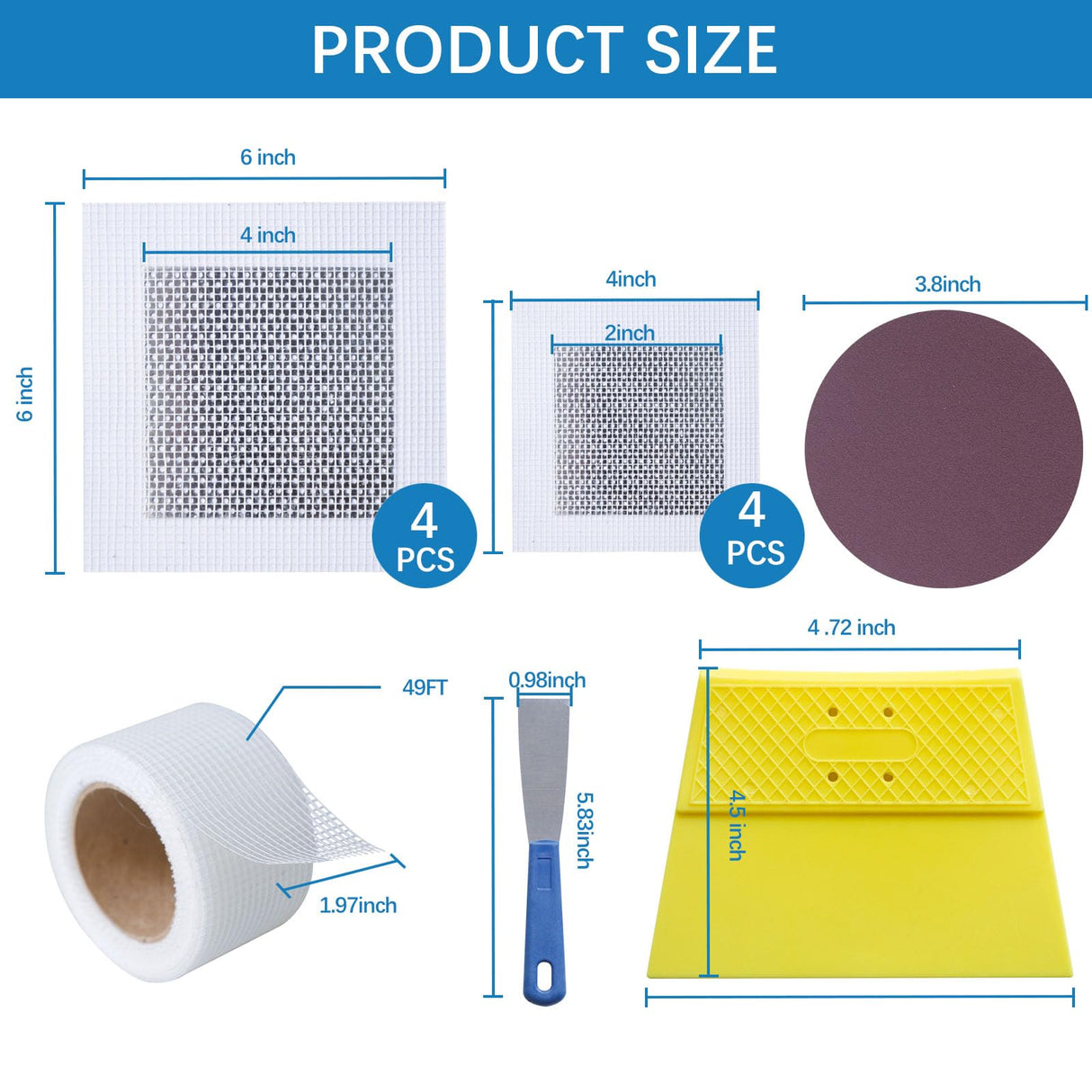 Drywall Repair Kit,Drywall Hole Patch Repair Kit to Fix Wall Surface Holes and Creak Damage with White Repair Putty 17OZ,8PCS Aluminum Repair Patchs,Scraper,Sanding Pad Fill Quick and Easy Solution