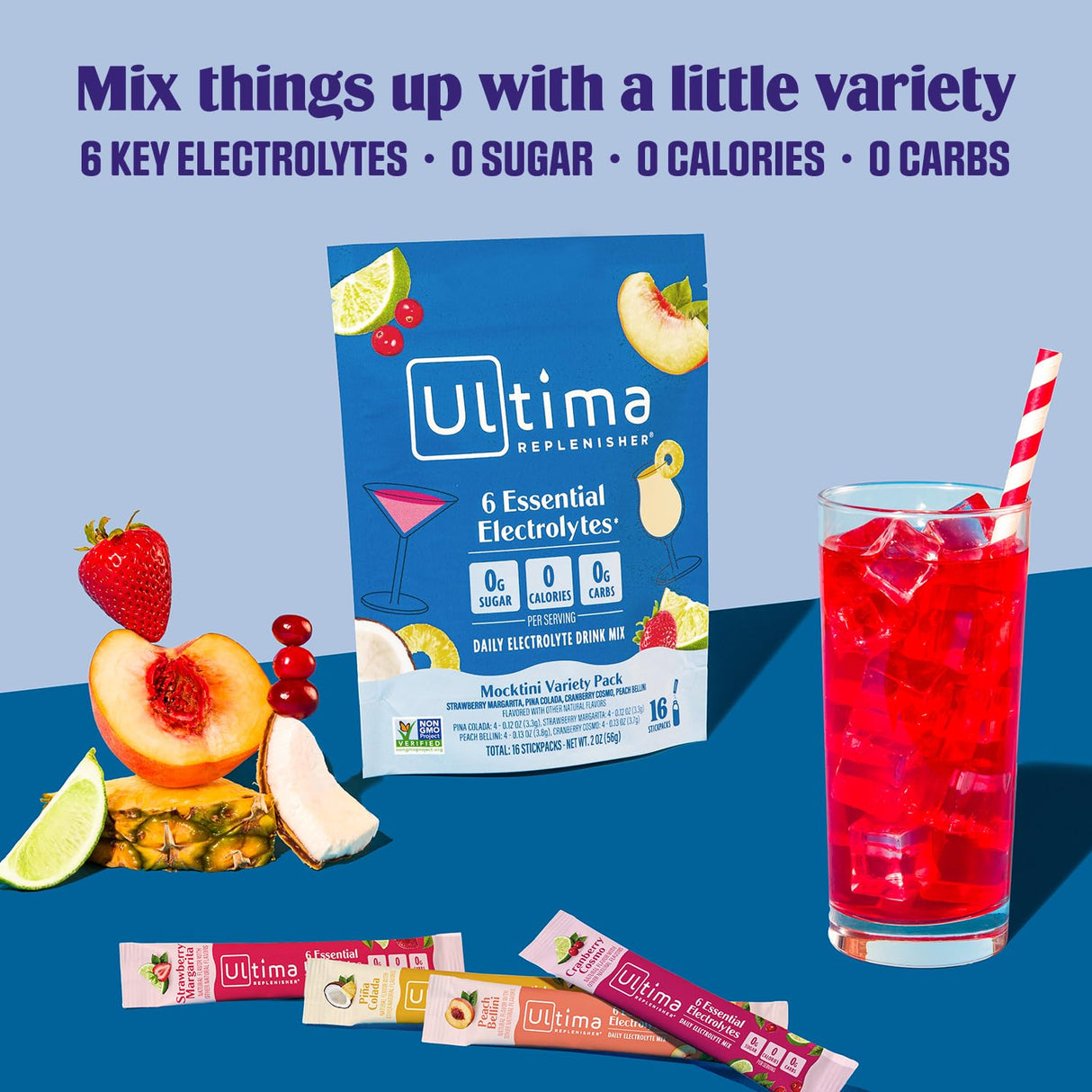 Ultima Replenisher Daily Electrolyte Powder Drink Mix – Sugar Free – Mocktini Variety, 16 Stickpacks – Hydration Packets with 6 Key Electrolytes and Trace Minerals – Keto Friendly, Non-GMO