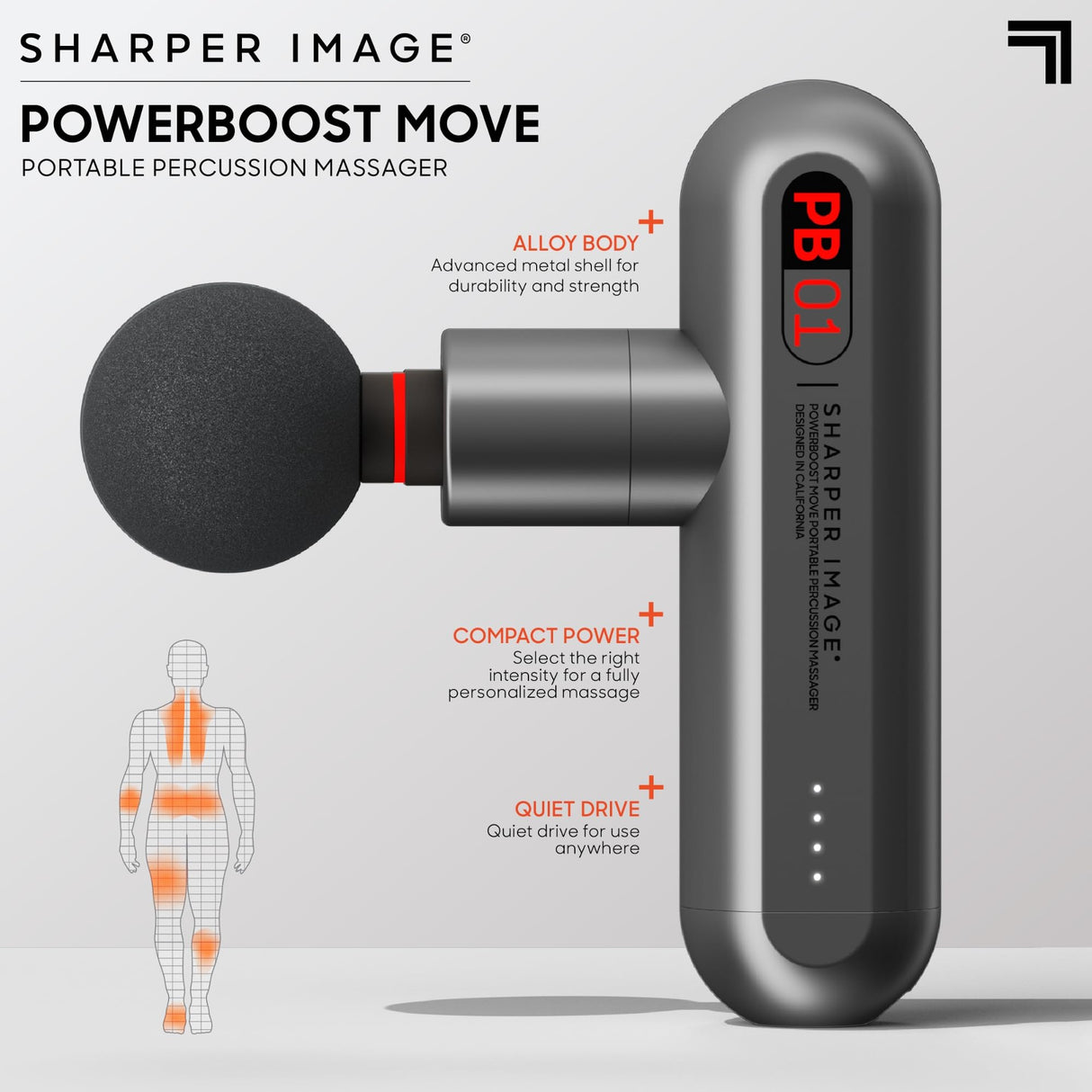 Sharper Image Powerboost Move - Portable Percussion Massage Gun with 4 Attachments, 4 Speeds| Lightweight Full Body Back & Shoulder Massager| Deep Tissue Muscle Recovery, Pain Relief & Soreness