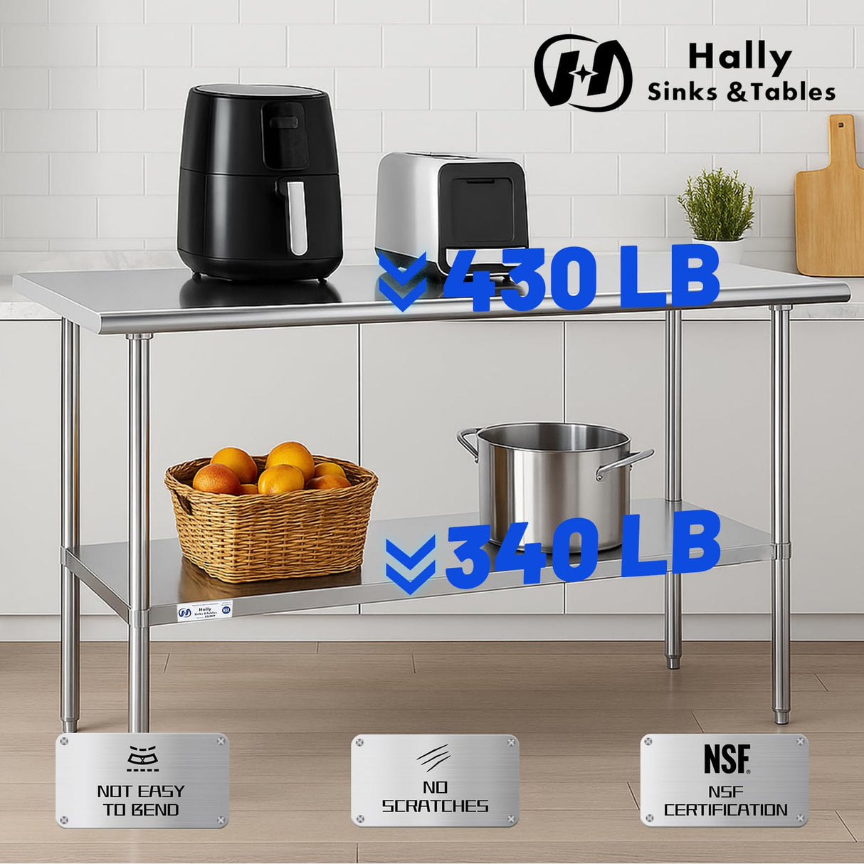 Hally Stainless Steel Table for Prep & Work 18 x 72 Inches, NSF Commercial Heavy Duty Table with Undershelf and Galvanized Legs for Restaurant, Home and Hotel