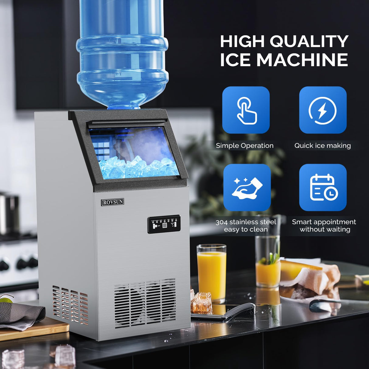 ROVSUN Commercial Ice Maker Machine 110LBS/24H with 2 Water Inlets, Freestanding Ice Machine with 24lbs Storage Bin, Ice Scoop & Water Filter for Home Office Restaurant Bar Cafe