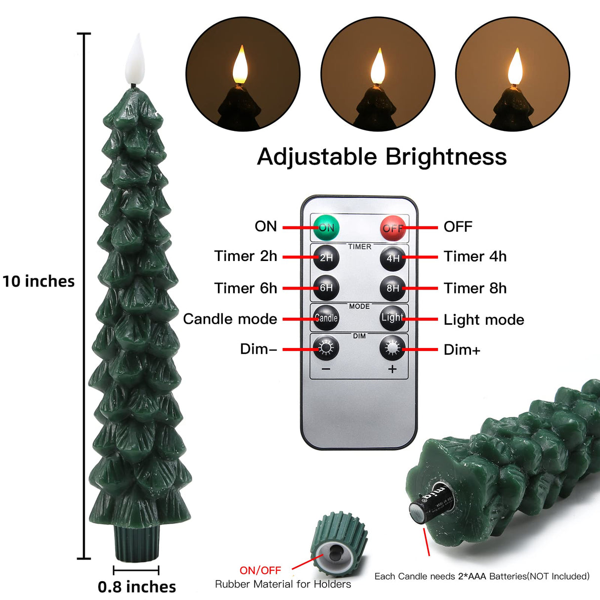 Fo32won Christmas Tree Shaped Flameless Candlesticks Battery Operated with Remote and Timer, Set of 4 Real Wax LED Taper Candles with 3D Flickering Wick for Christmas Decoration Gift