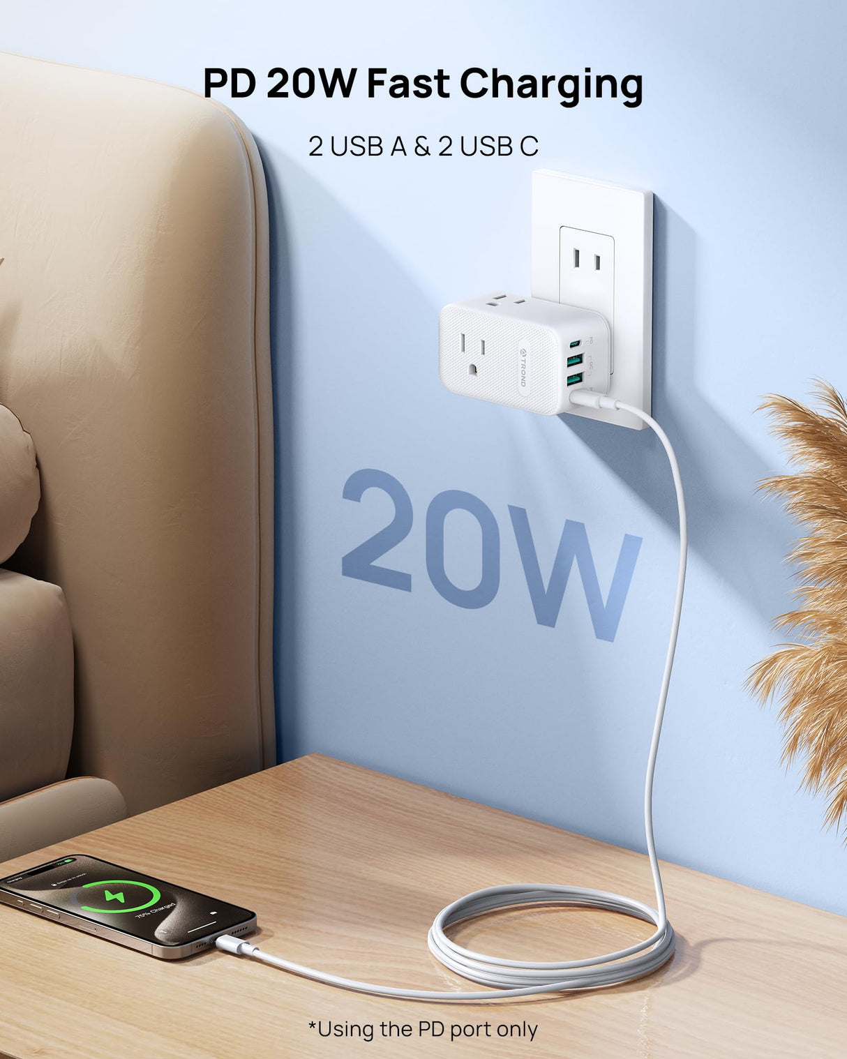 TROND Outlet Extender with 6 Inch Cord - Multi Plug Wall Outlet with PD 20W USB C Plug Adapter, Ultra Short Extension Cord, 3 Way Power Splitter for Bathroom Kitchen Office Dorm Travel Essentials