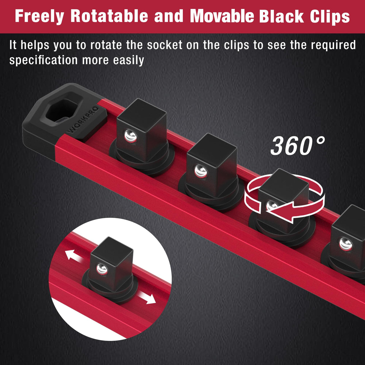 WORKPRO Magnetic Socket Organizer Set, 3-Piece Aluminum Alloy Socket Rail, Heavy Duty Socket Holder, Socket Rack Kit 1/4-Inch x 12 Clips, 3/8-Inch x 10 Clips, 1/2-Inch x 10 Clips (Red)