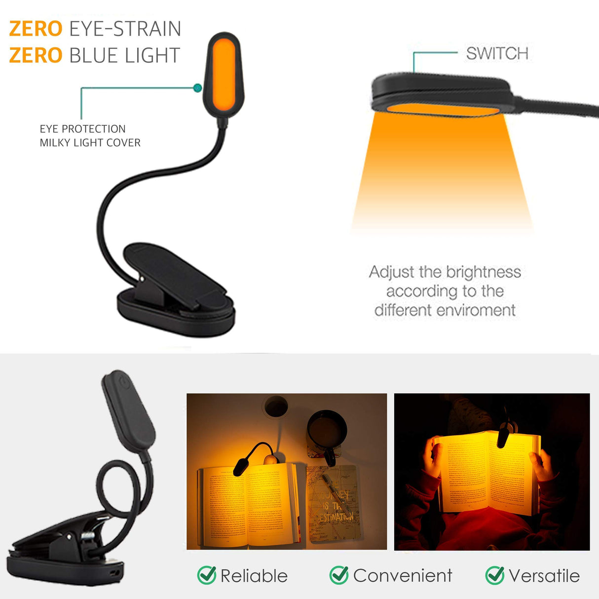 Amber Light + Giftable Amber Book Light - Blue Light Blocking - Night Reading Booklight Store. Rechargeable. 1600K for Reading in Bed at Night. Perfect as a Giftable Kindle Light and LED Book Light.