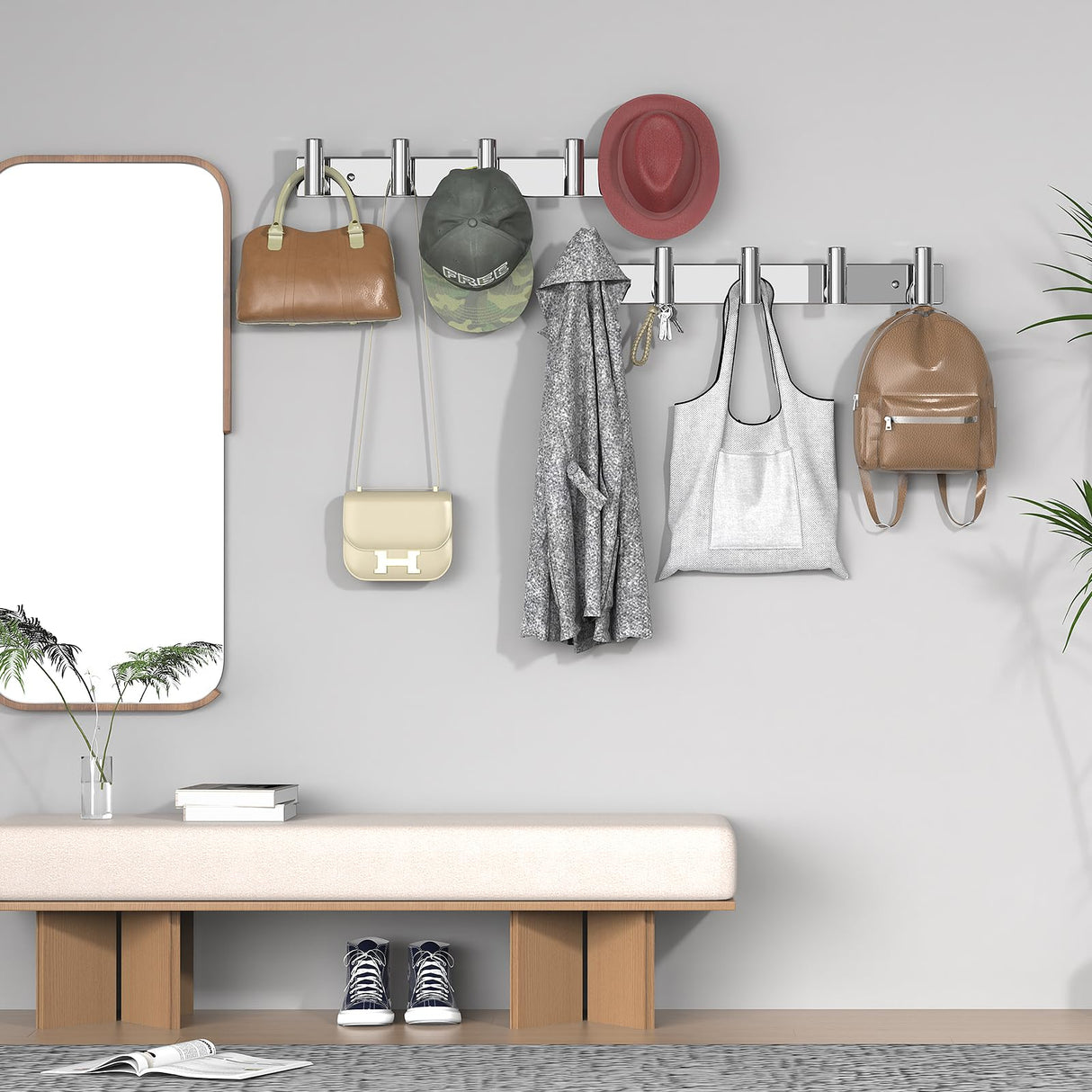 VAEHOLD Hat and Coat Wall Mount Rack - Hooks for Robes, Bags, Keys, and Towels - Bathroom Towel Hanger Organizer (Polished Chrome, “T“ Shape 5 Hooks 1 Pack)