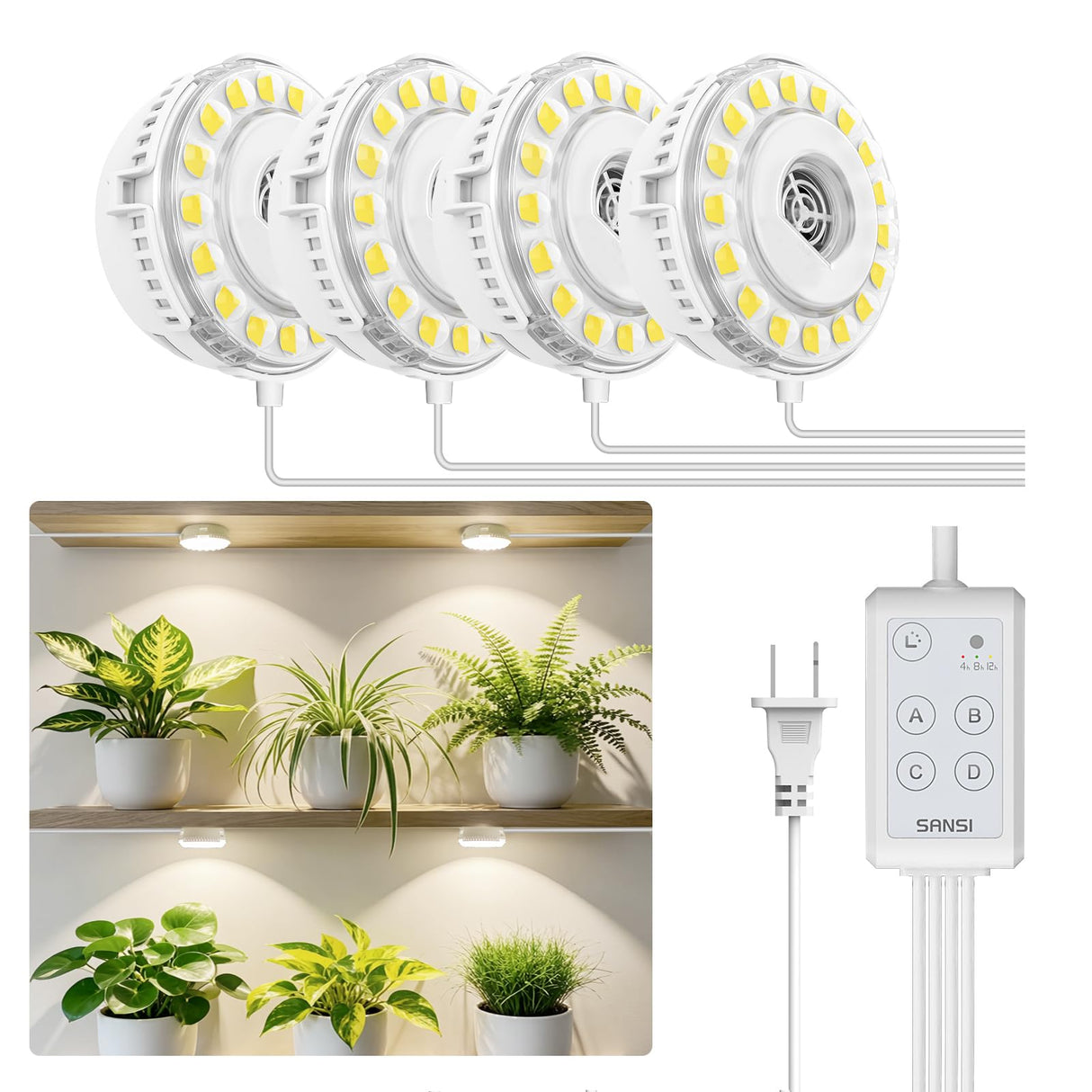 SANSI 20W(5W*4) Puck Grow Lights for Indoor Plants Full Spectrum, 4 Head Plant Lights for Indoor Growing, LED Plant Lamp for Growth with Timer, Auto On Off 4 8 12 Hrs Greenhouse,No Dimmable