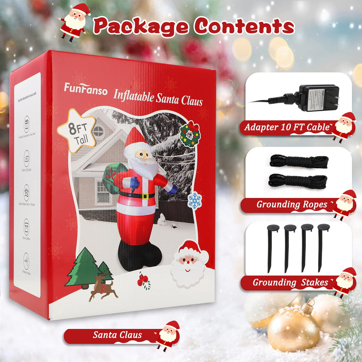 8 FT Christmas Inflatables Santa Claus Outdoor Decorations, Blow Up Santa Claus with Gifts Bag, Big Santa Carrying Presents Sack, Built-in LED Light, Xmas Outside Decor for Front Back Yard Garden Lawn