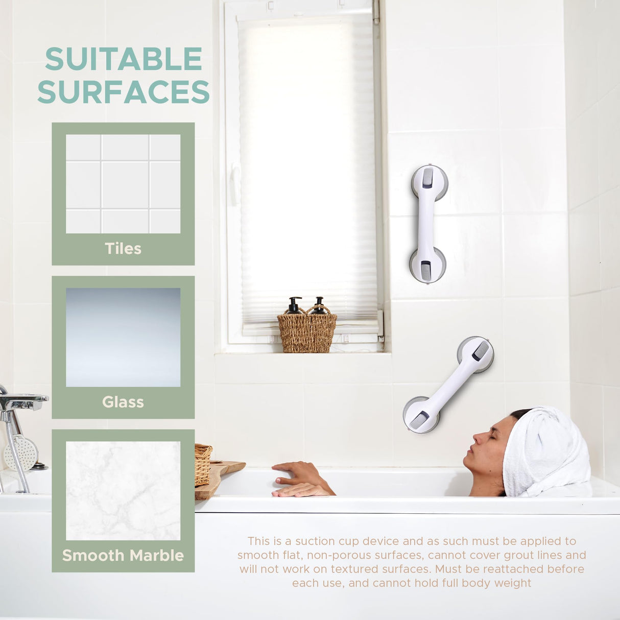 Grab Bars for Bathtubs and Showers, Heavy Duty Shower Handle 2 Pack 12 Inch for Elderly Assistance Products Seniors Suction Cup Removable Handrails Handicap Bath Grip Bathroom Safety Grips No Drilling