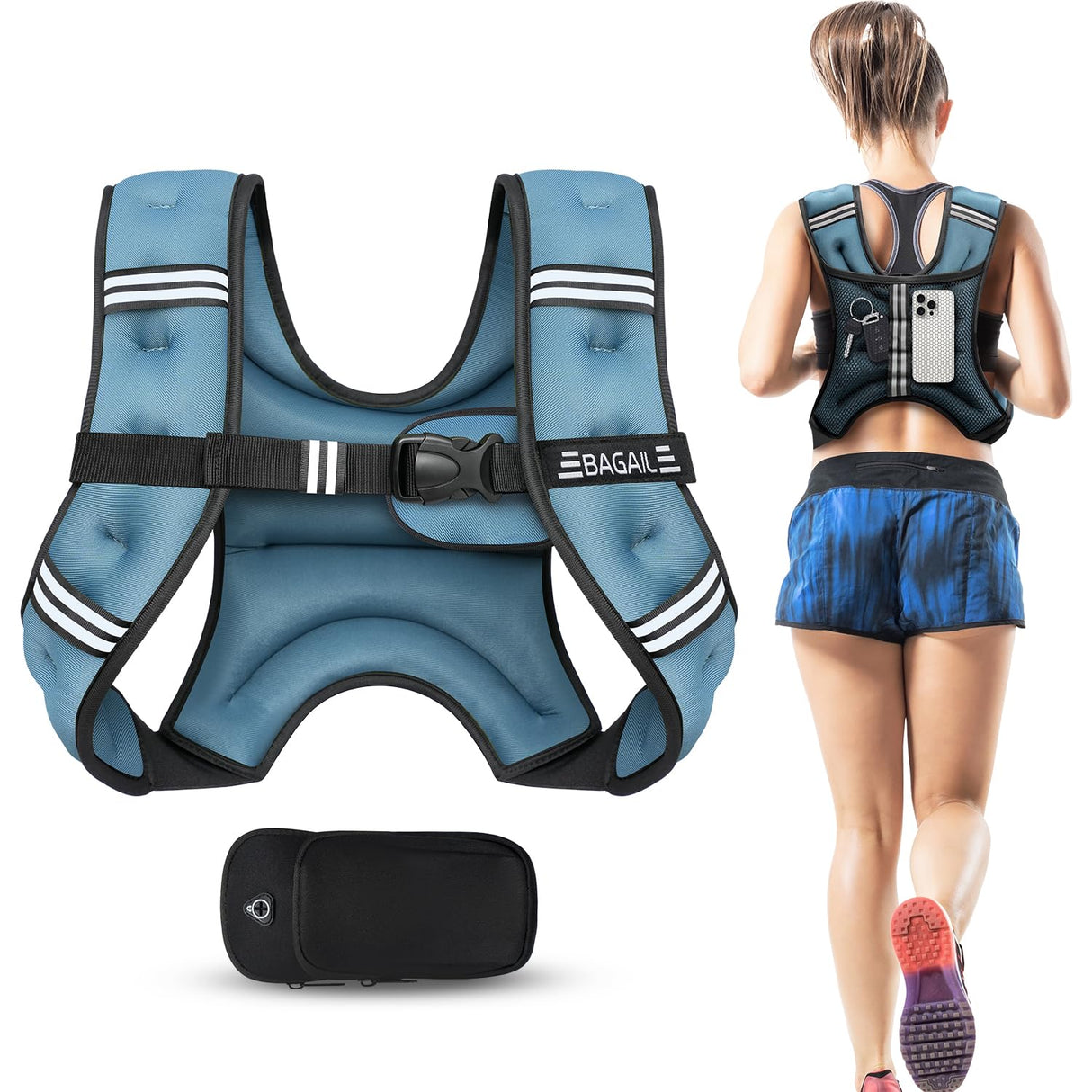 BAGAIL Weighted Vest, 5lbs/10lbs/12lbs/15lbs/20lbs/25lbs/30lbs Weight Vest with Detachable Phone Pouch, Rucking Vest for Women, Men, Walking, Weight Loss, Training, Running