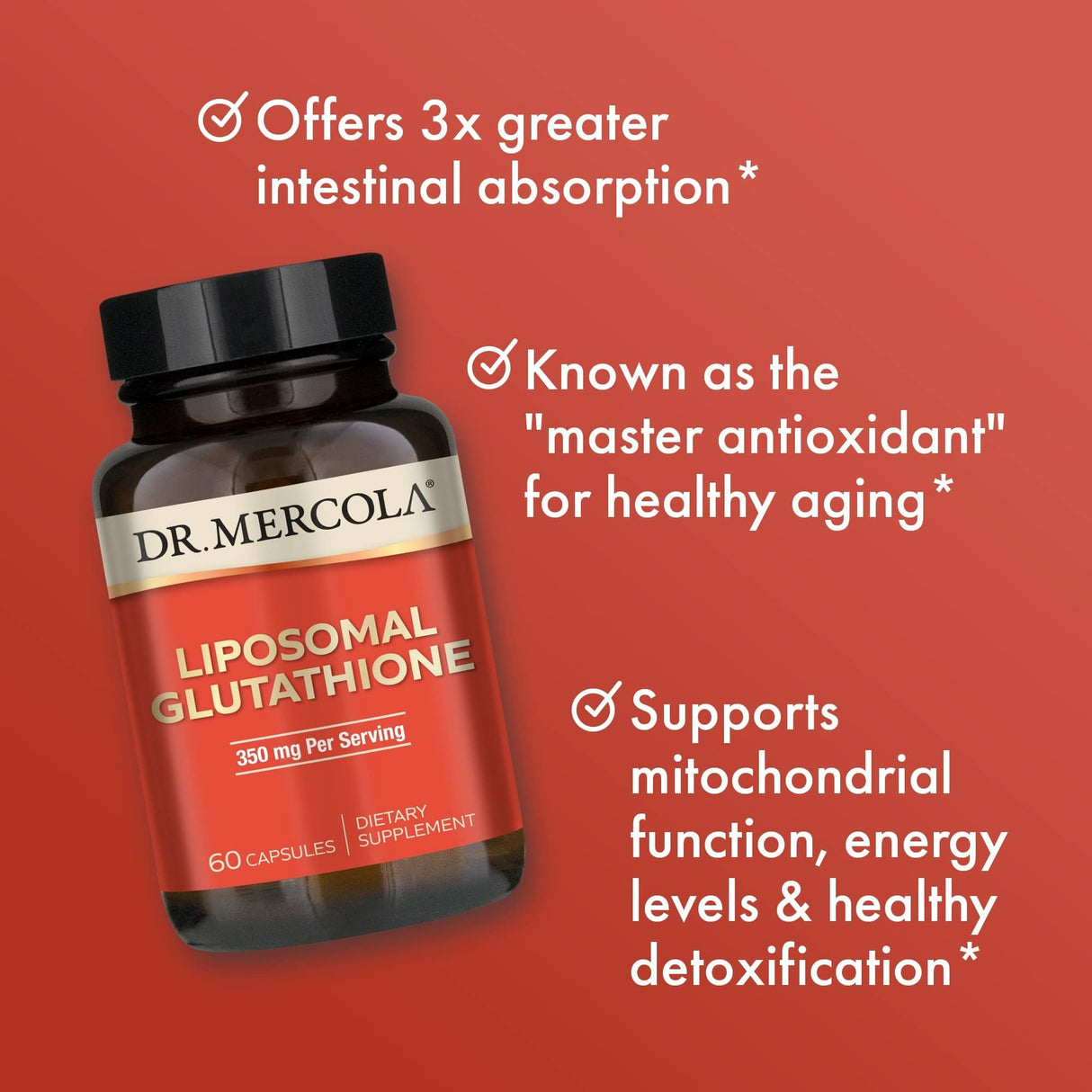 Dr. Mercola Liposomal Glutathione - 350 mg per Serving - Supports Energy Production - High Absorption - Non-GMO, Gluten-Free & Soy-Free - 60 Capsules (30 Servings)