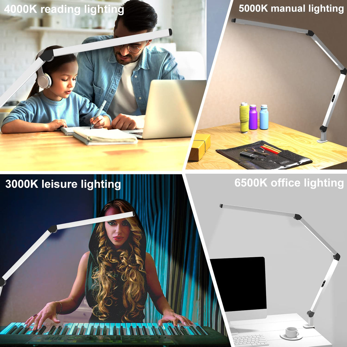 Micomlan LED Desk Lamp with Clamp, Dual Light Table Lamp with Adjustable Swing Arm, Eye-Care 4 CCT Modes & 5 Brightness Levels Clip-on Architect Modern Desk Light for Home Office Crafting Sewing