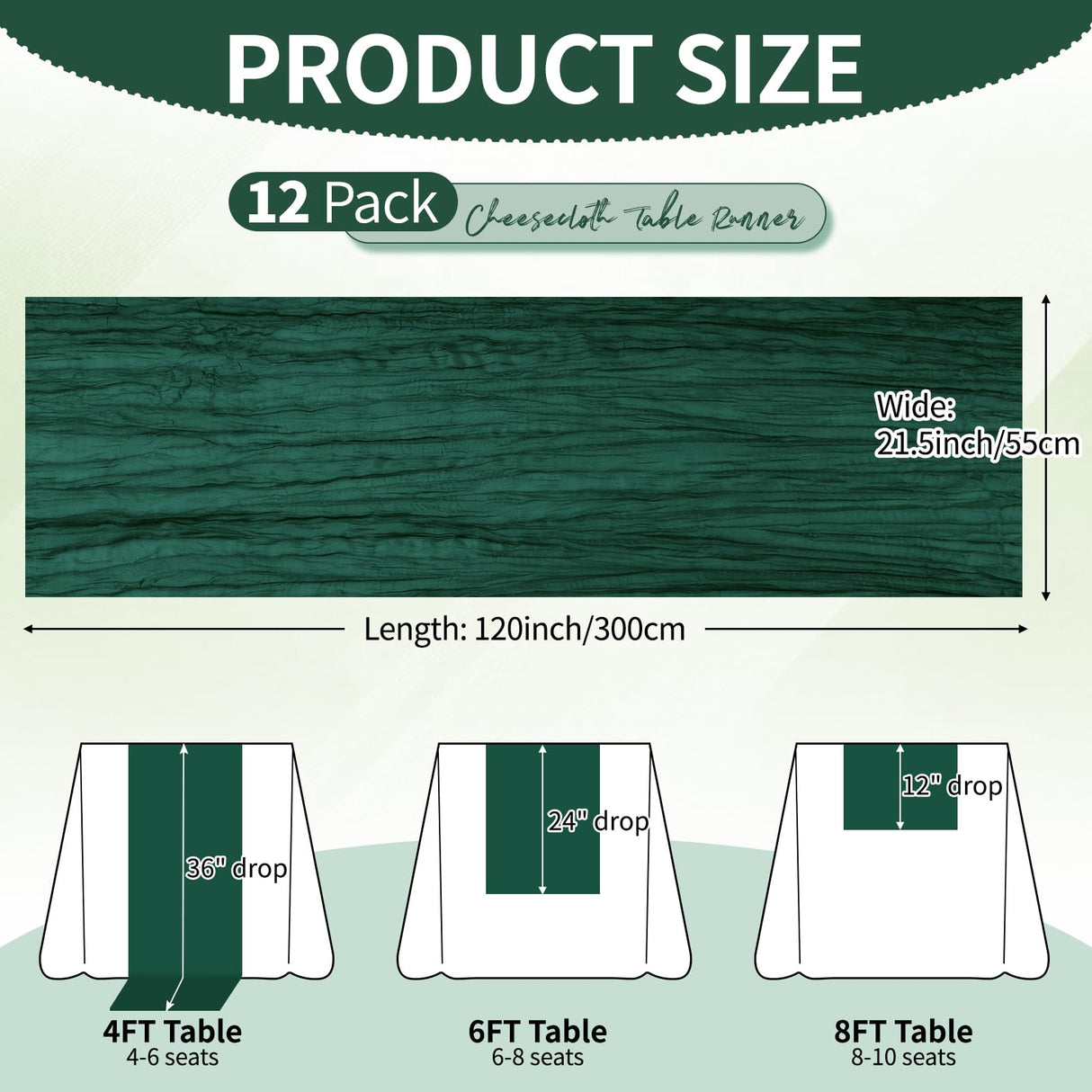 12 Pack Dark Green Cheesecloth Table Runner 10Ft, Christmas Table Runner 21.5 X 120 inch, Semi Sheer Cheese Cloth Fabric Boho Table Runner Bulk for Christmas Decorations,Bridal Shower,Wedding