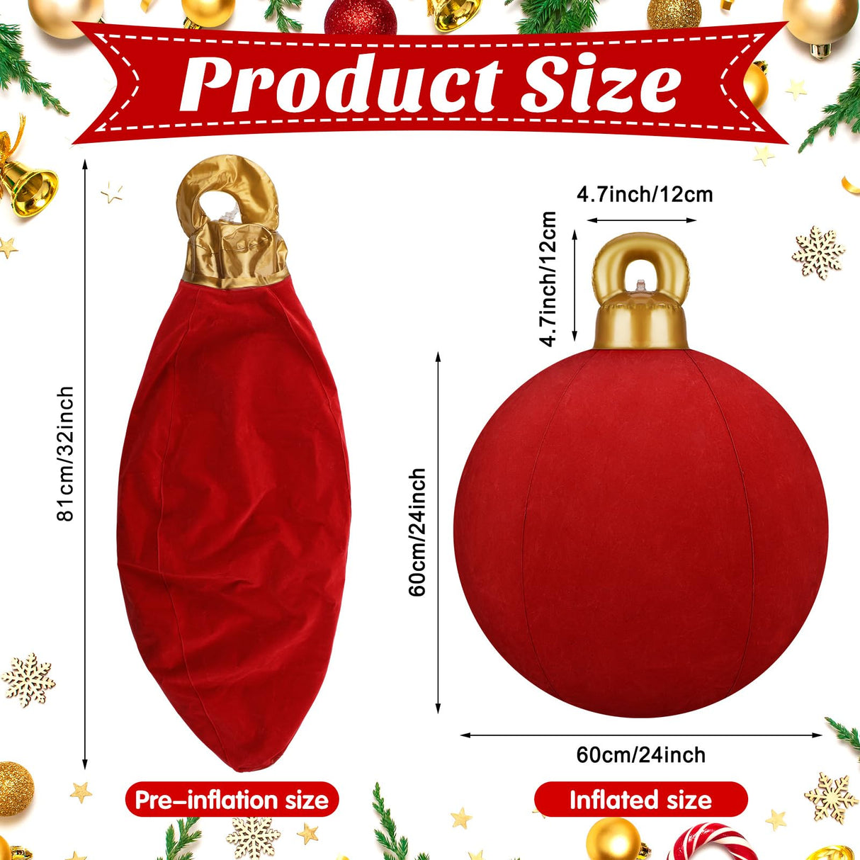 Jetec 3 Pcs 32 Inch Giant Velvet Christmas Inflatable Balls Ornament Flocked Xmas PVC Inflatable Flocked Ball Ornaments for Christmas Holiday Outdoor Blow up Yard Decor(Red)