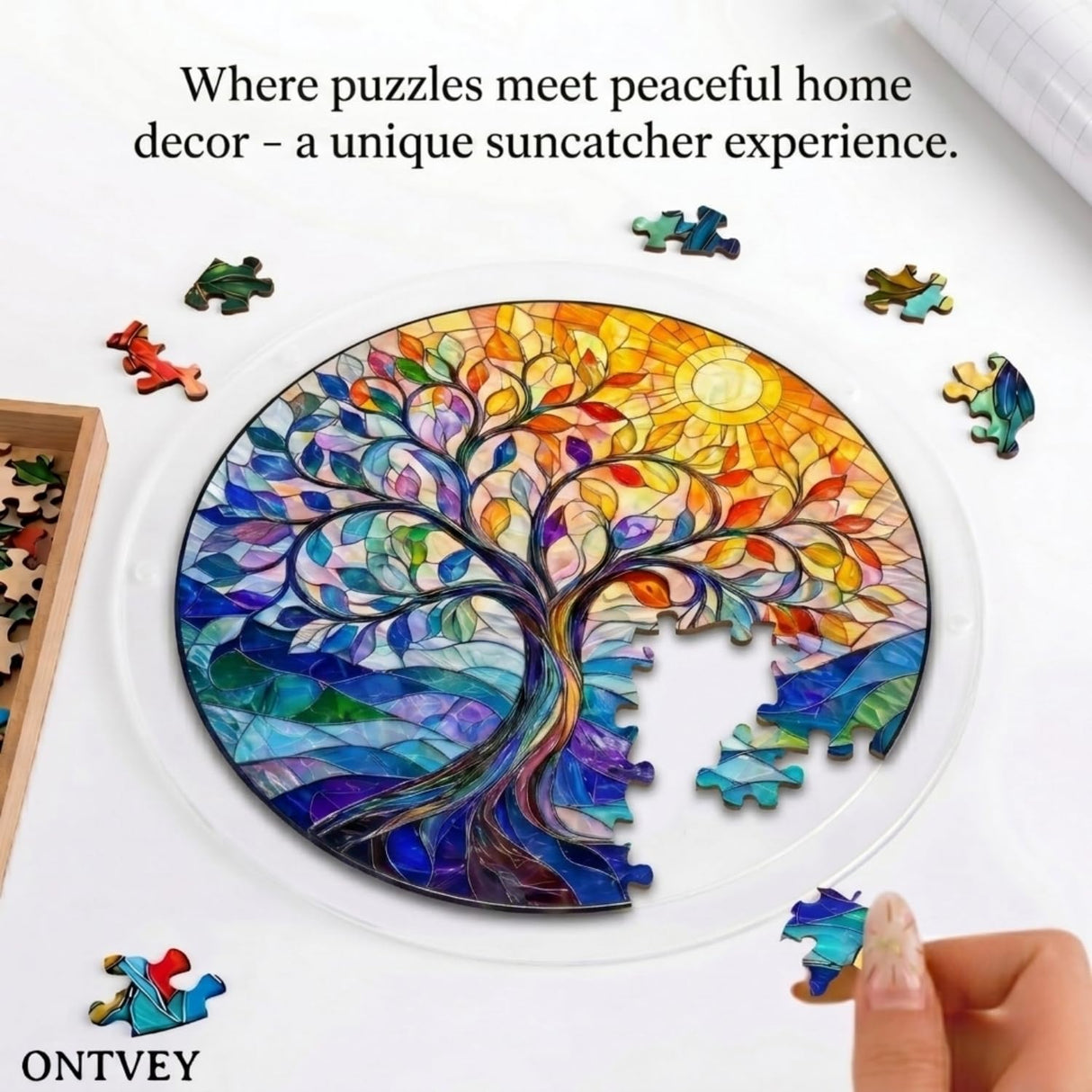 Acrylic Jigsaw Puzzle Suncatcher - Vivid Tree Acrylic Puzzle Window Hanging Kit, 83 Irregular Pieces & Hanging Chain - Creative DIY Home Indoor & Garden Decor (7.4 Inch)