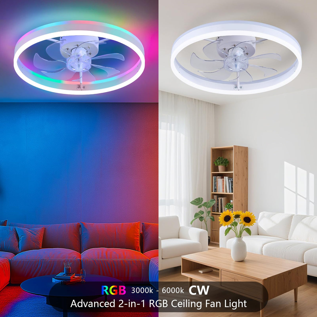 STERREN RGB Ceiling Fans with Lights, 20'' Smart LED Ceiling Fan with Remote/APP Control, Modern Low Profile Bladeless Chandelier Fan, Dimmable White Fandelier for Bedroom, Living Room, Kitchen
