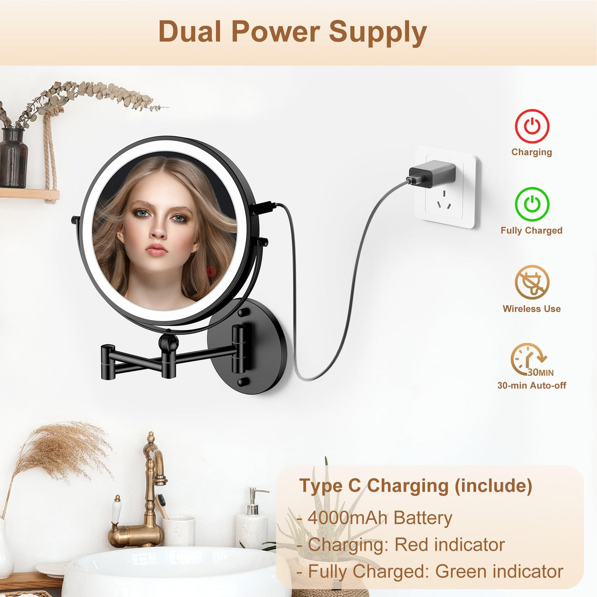 9" Wall Mounted Lighted Makeup Mirror,4000mAh Rechargeable Double Sided 1X/10X Magnifying Mirror with Light,Touch Dimmable,Extended Arm 360 Rotation Wall Mounted Makeup Mirror 3 Color Lights-Black