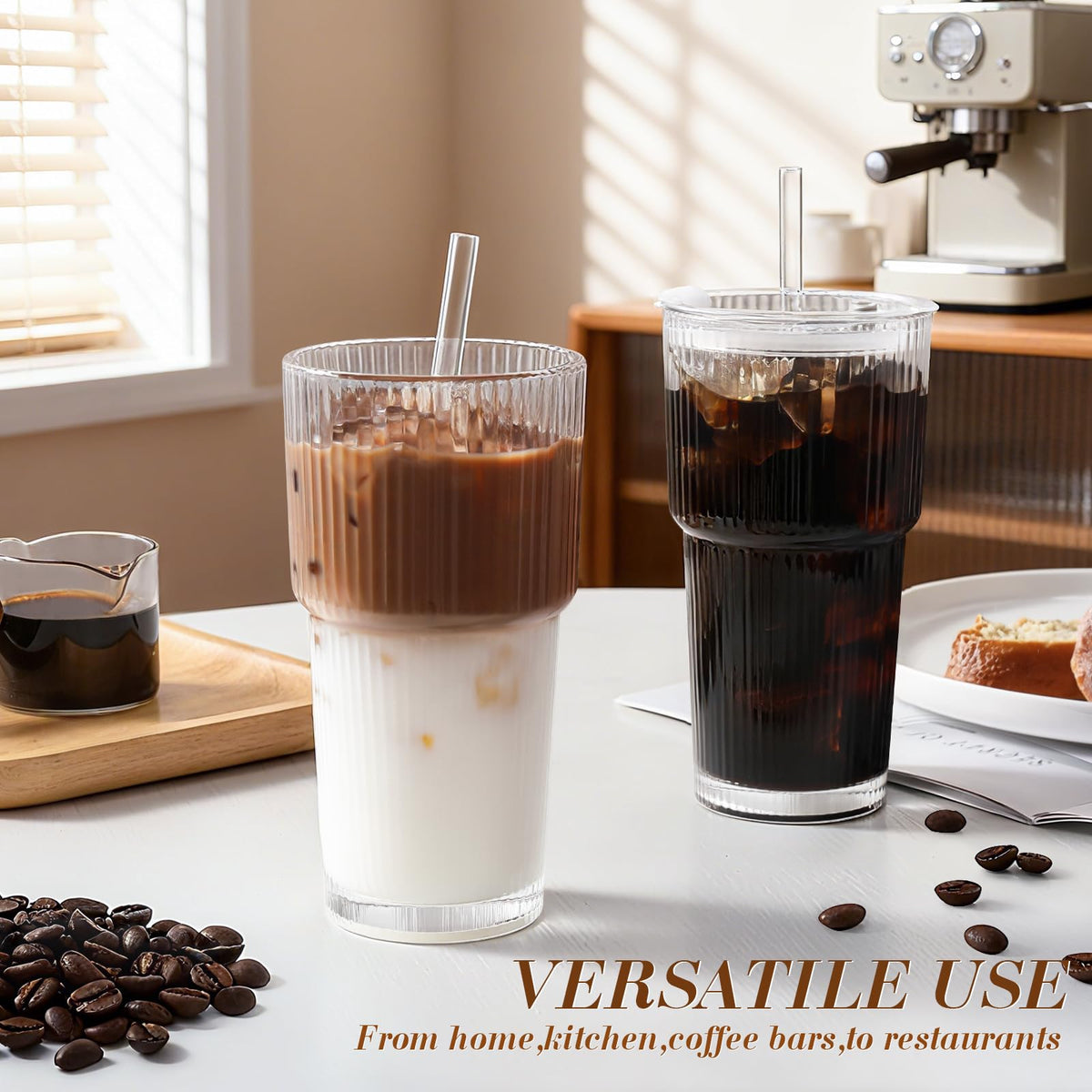 Iced Coffee Cups with Lids,Glass Cups with Lids and Straws,4 Coffee Tumbler