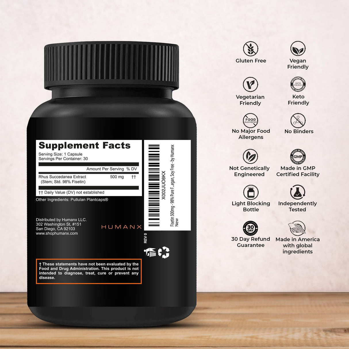 HUMANX Fisetin 500mg - 98% Pure Fisetin Supplement - Powerful Serving Size (Similar to Apigenin, Luteolin, Quercetin) Senolytic Activator - Natural Polypheonols - USA Made, Non-GMO Fisetin Capsules