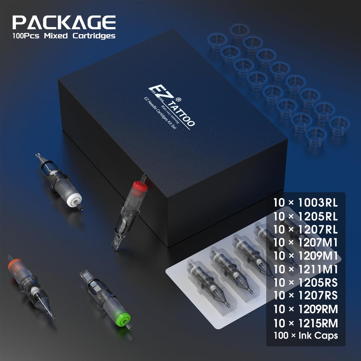 EZ Tattoo Cartridge Needles Assorted - 100Pcs Mixed (3RL 5RL 7RL 5RS 7RS 7M1 9M1 11M1 9RM 15RM) Standard Bugpin Tattoo Needles Cartridges for Tattoo Machine Gun - Revolution