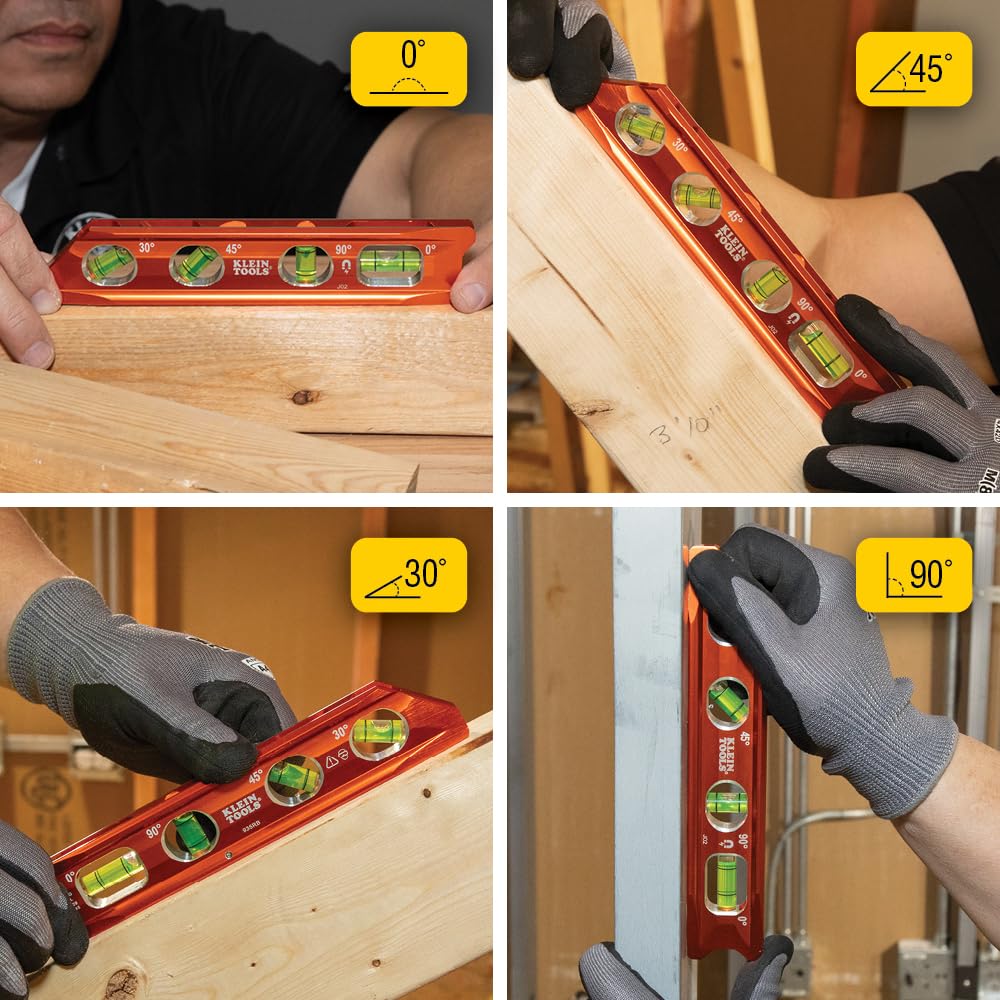 Klein Tools 935RB Torpedo Level, 8-Inch Billet Magnetic Level, 0/30/45/90 Degree Vials, V-Groove, Tapered Nose, High-Visibility Vial and Body