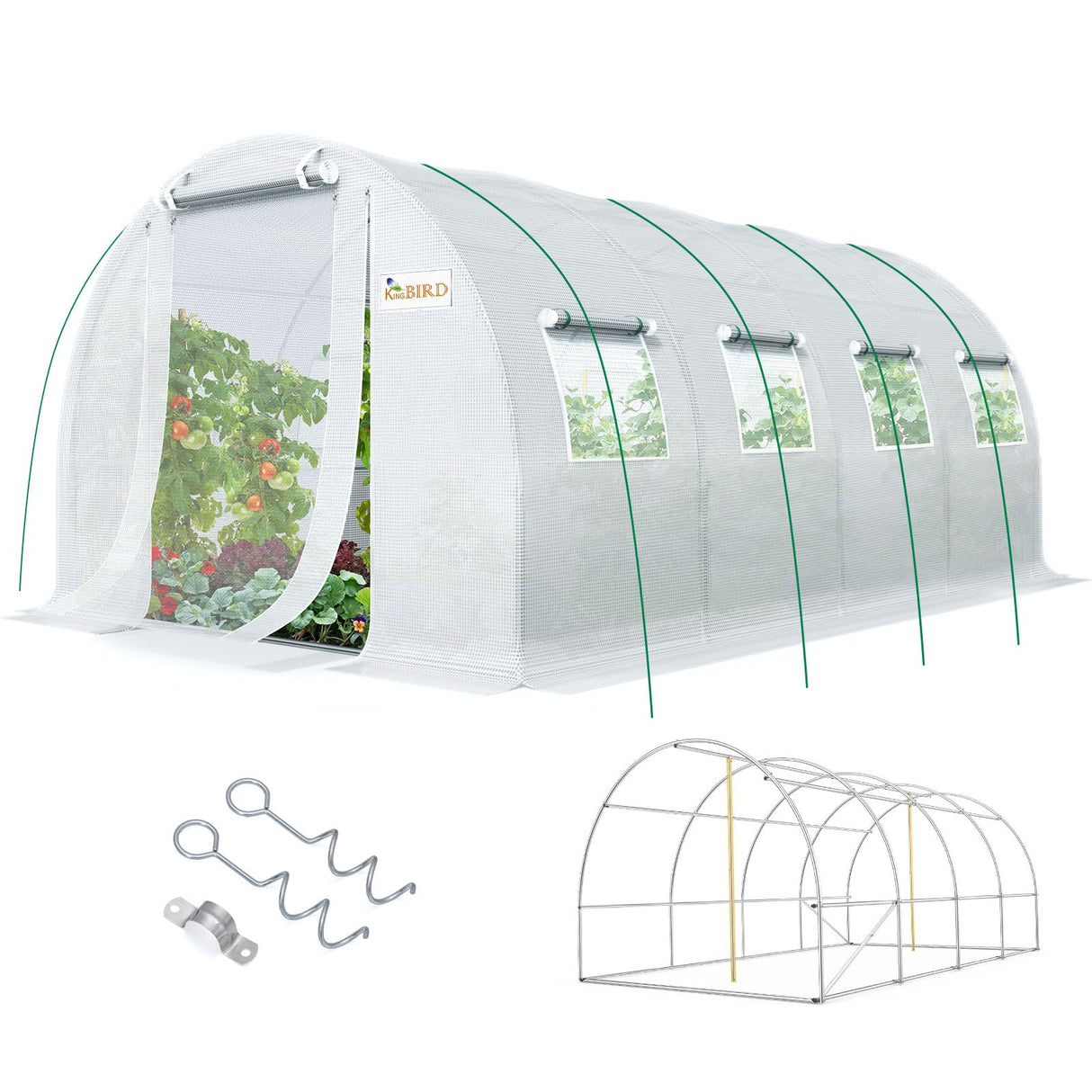 KING BIRD Premium 20x10x6.6FT Greenhouse for Outdoors, Large Walk-in Upgraded Galvanized Metal Frame, Mesh Door Screen Window Improved Zipper Tunnel Hoop for Garden Plant Winter, 2 Stiffeners, White